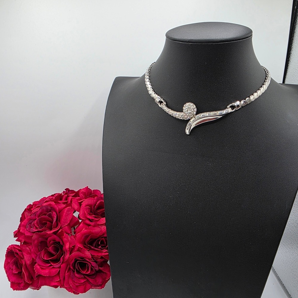 Vintage TARA Silver Tone Rhinestone Asymmetrical Choker Collar Necklace 16 Inch